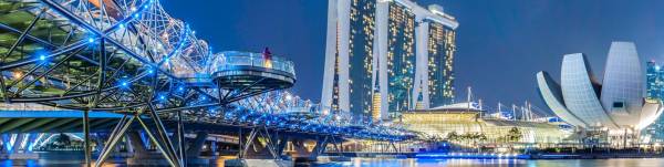 мост, сооружения, Marina Bay Sands, Helix Bridge, неон, огни, ночь, Сингапур, здания, набережная, река, дизайн
