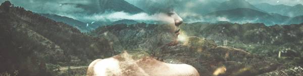 double exposure, forest, clouds, river, girl, hills