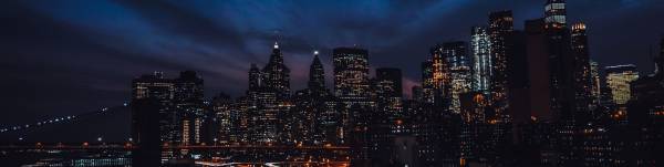 набережная, огни ночного города, usa, Бруклинский мост, небоскребы, New York